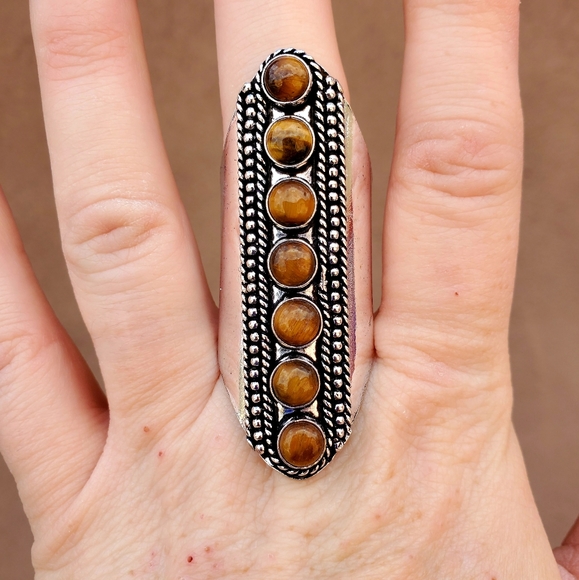 New 7 Stone Tiger Eye Adjustable Silver Statement Ring. - Picture 15 of 15
